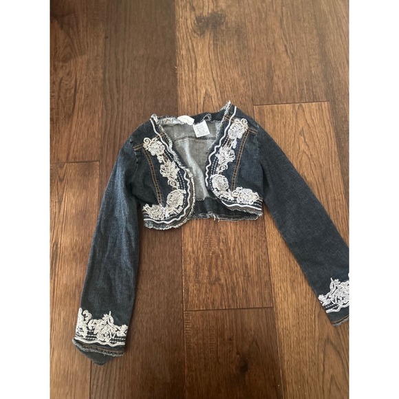 Y2K Mary-Kate and Ashley Girls Dark Wash Embroidered Denim Bolero Jacket M 7/8 - Picture 2 of 5